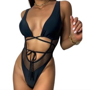 SWIMWEAR RAVE L BLACK & MESH ONE PIECE SEXY HOLLOWED OUT TIE UP TIE UP